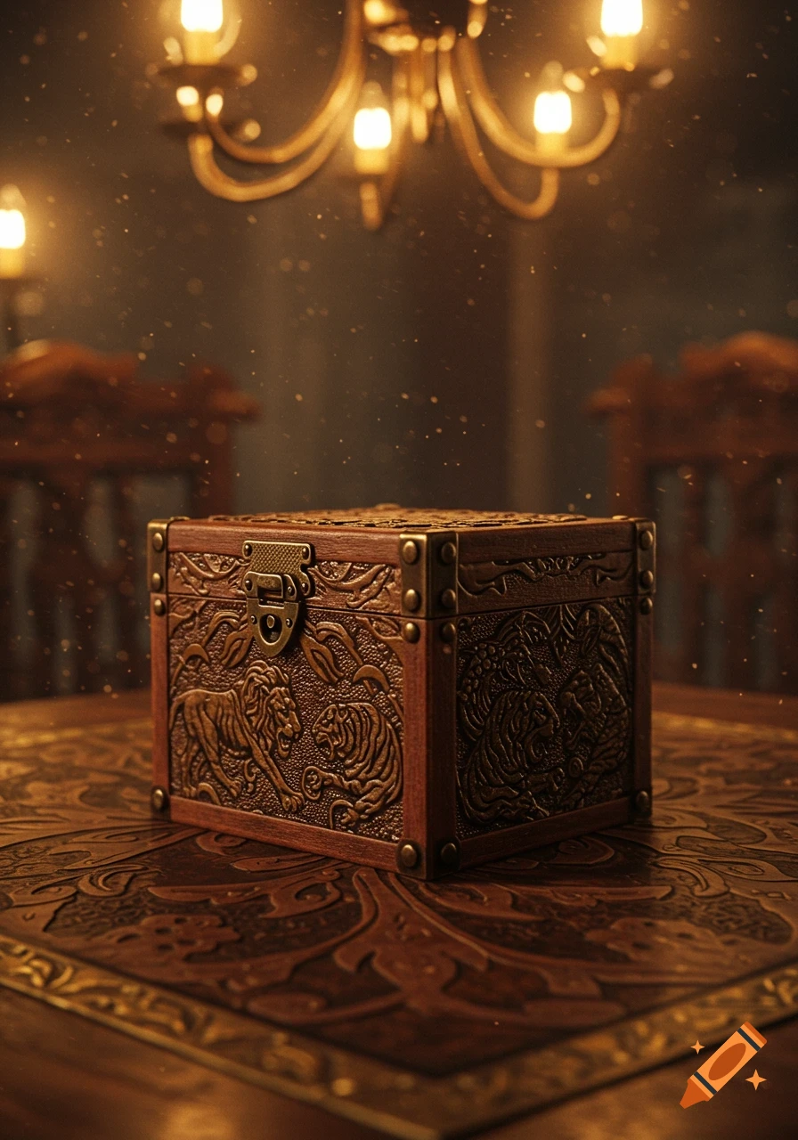 Ornate wooden box with animal carvings on a patterned table under a chandelier in a dim room.
