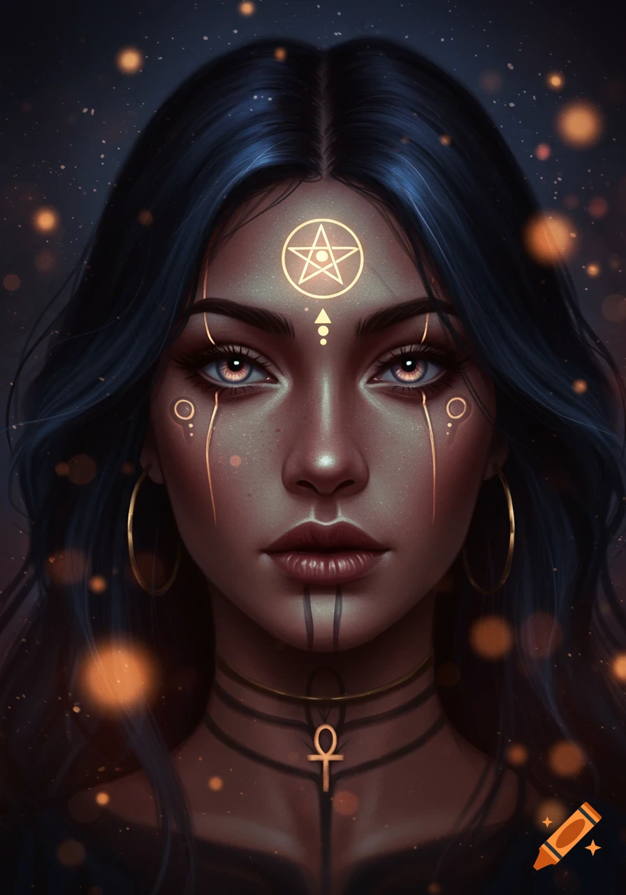 Close-up digital painting of a woman with dark blue hair and glowing golden esoteric symbols on her face and neck, against a starry background.