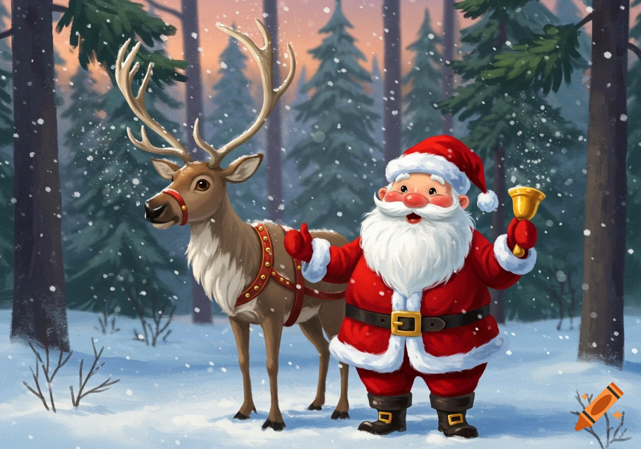 A festive cartoon illustration of Santa Claus holding a bell next to a reindeer in a snowy forest.
