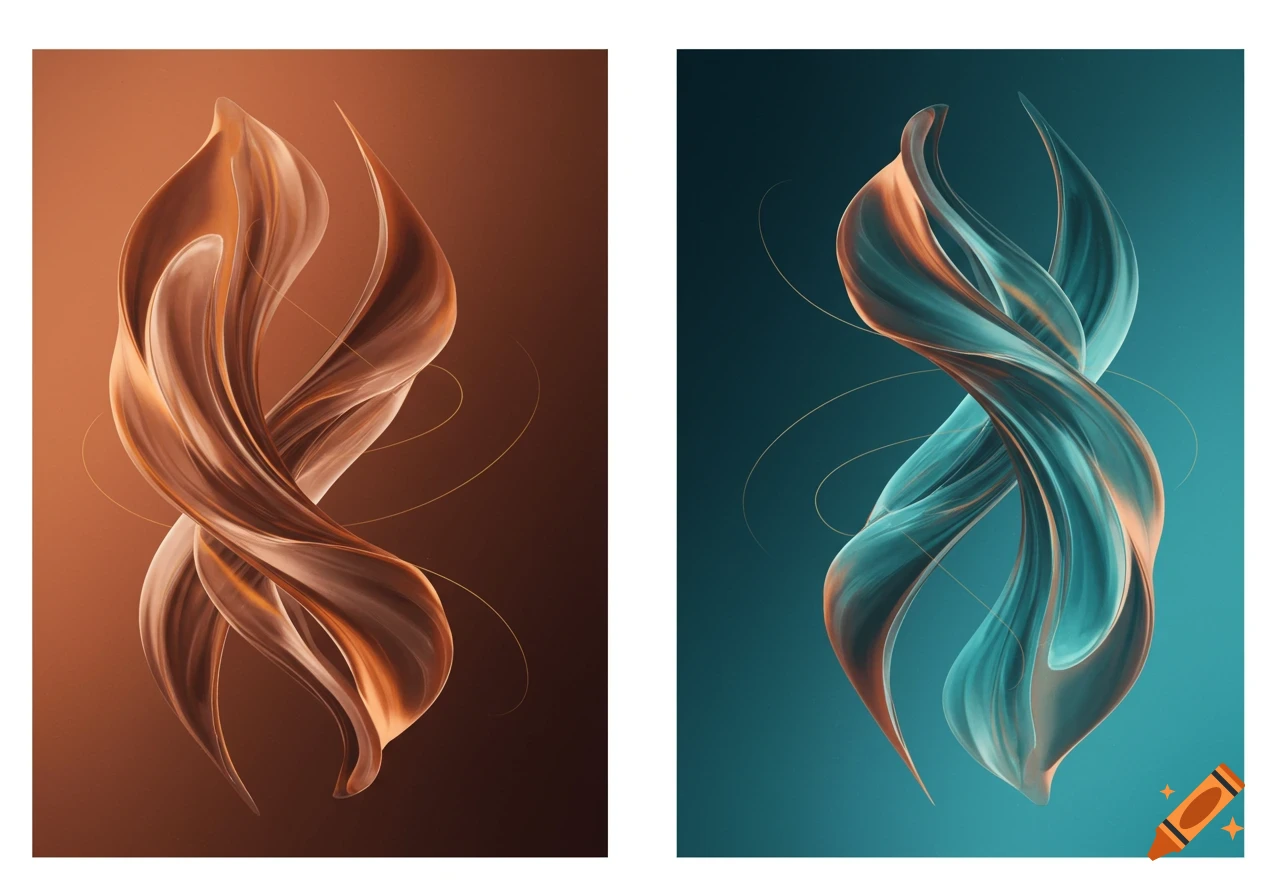 A diptych of two abstract flowing forms. The left form is bronze-colored against a brown gradient, and the right form is teal and orange against a blue-green gradient. Both forms have delicate golden lines swirling around them.