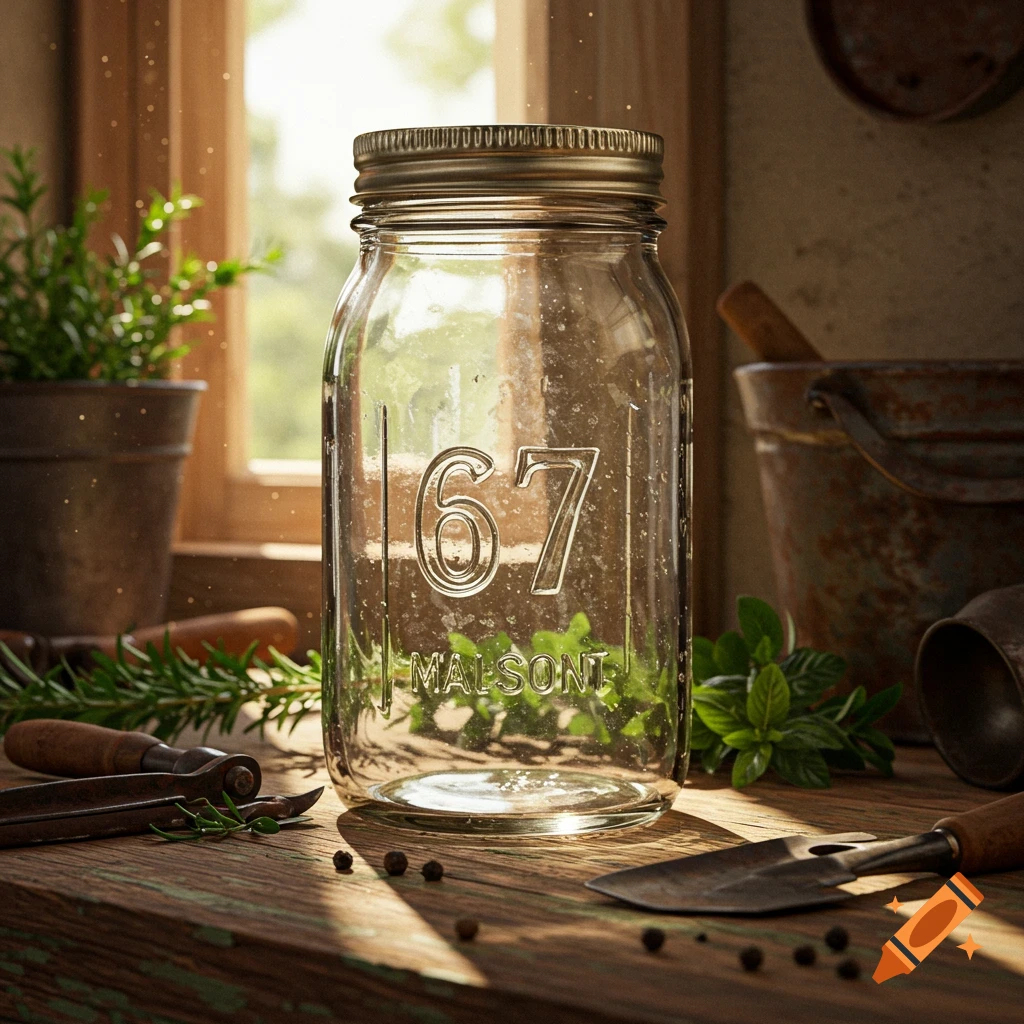 Photorealistic still life of a mason jar with '67 MALSONT' on a rustic wooden table with gardening tools and herbs, sunlight streaming in.