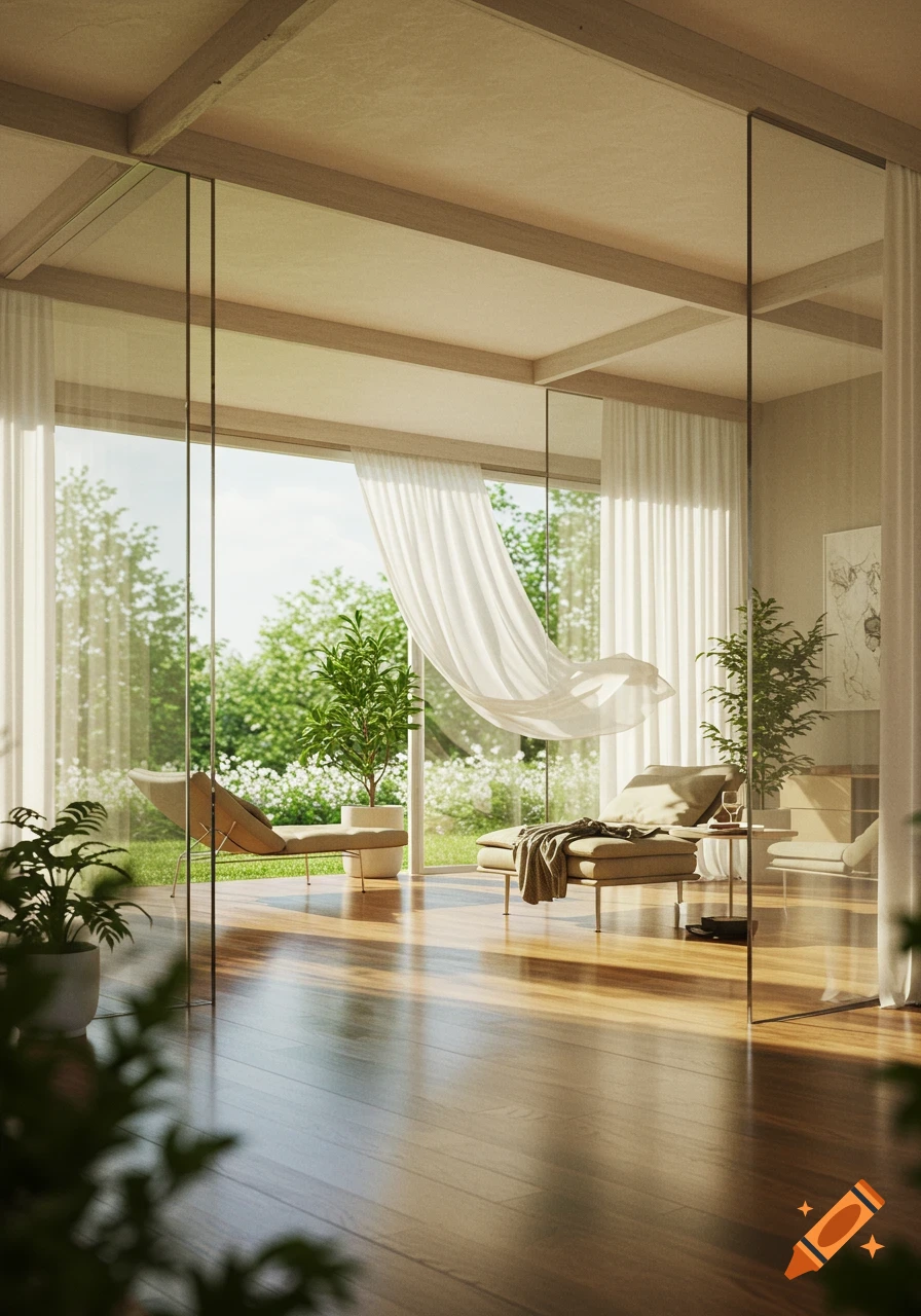 A modern room with glass walls overlooking a lush green garden, featuring wooden floors, light-colored furniture, and a sheer curtain blowing in the breeze.