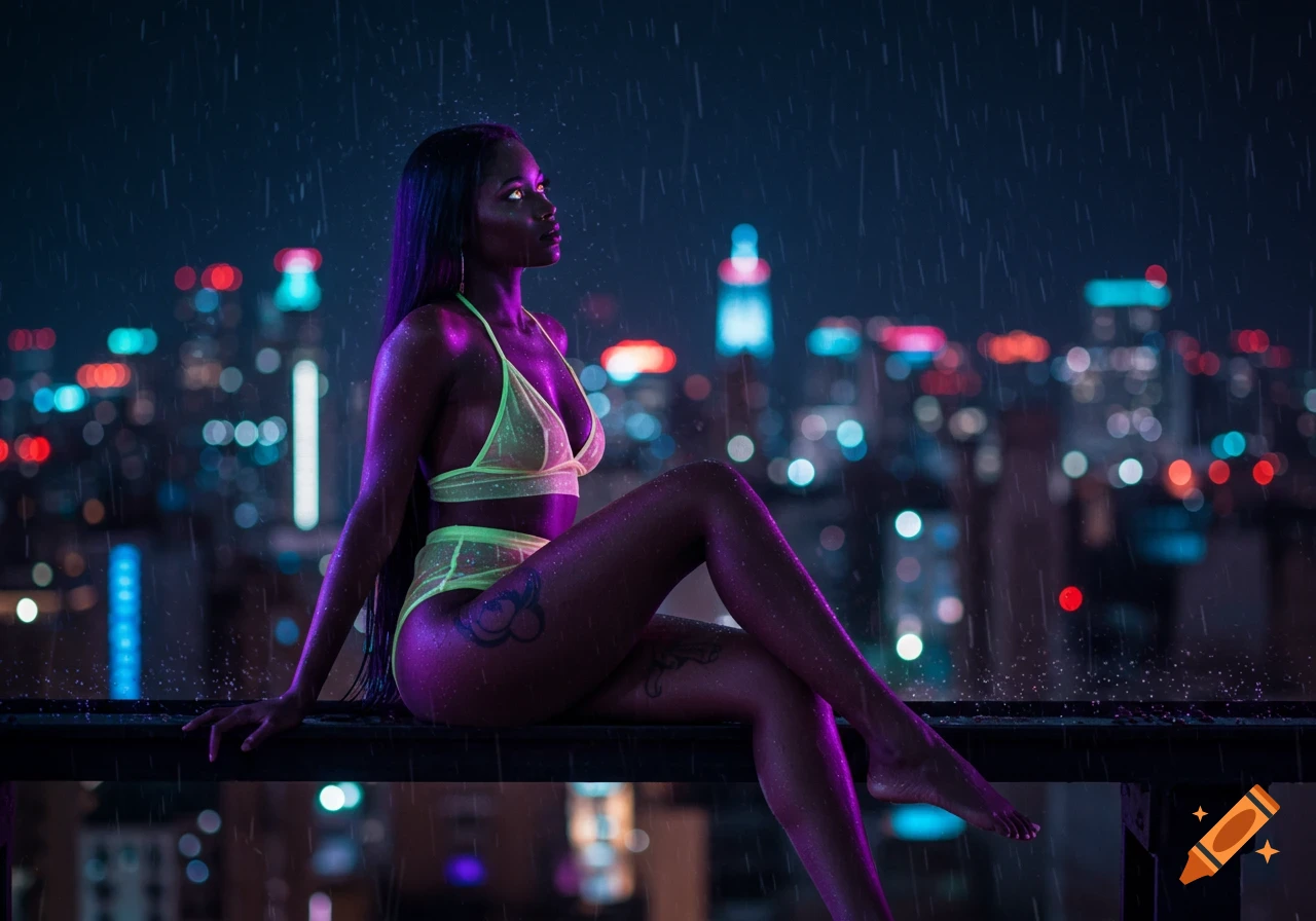 Photorealistic image of a dark-skinned woman with purple hair, yellow eyes, wearing a sheer neon green two-piece, on a rainy rooftop overlooking a neon city at night.