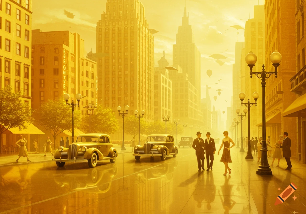 Yellow-tinted 1930s Art Deco cityscape with classic cars, pedestrians in period clothing, and towering buildings under a hazy sky.