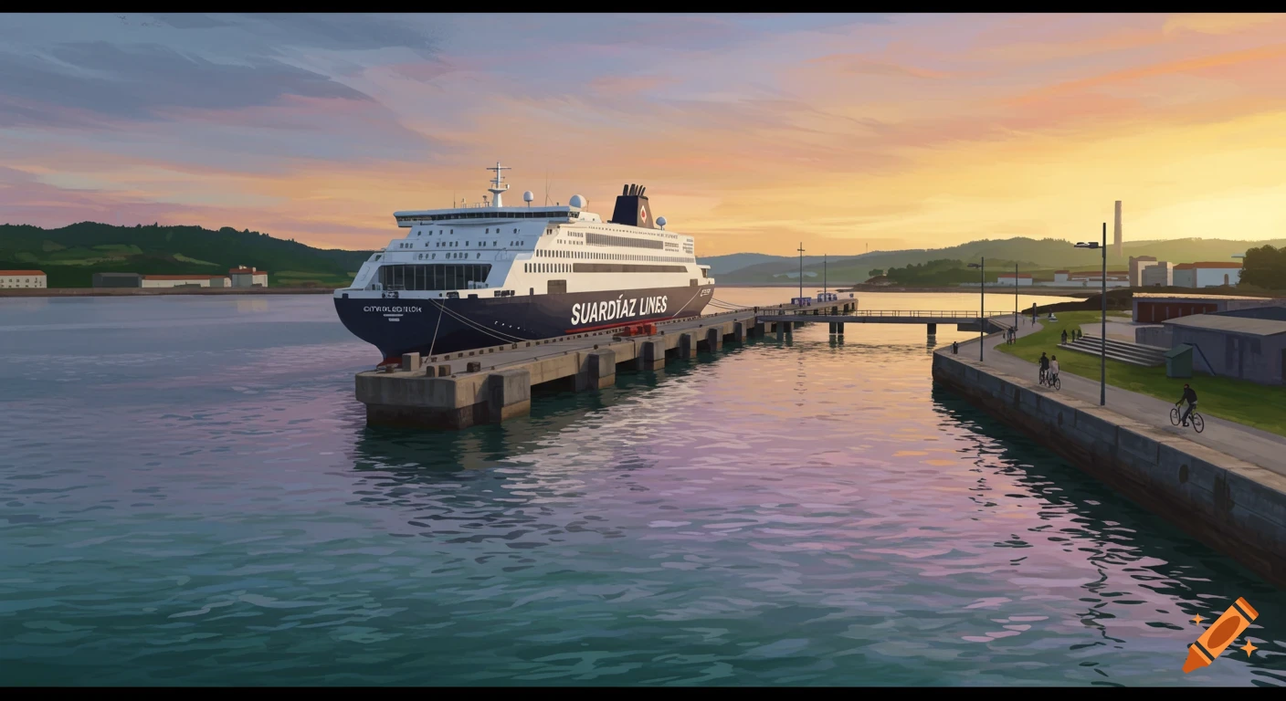 A large ferry docked at a long pier in a harbor during a colorful sunset, with mountains and buildings in the background. Stylized illustration.