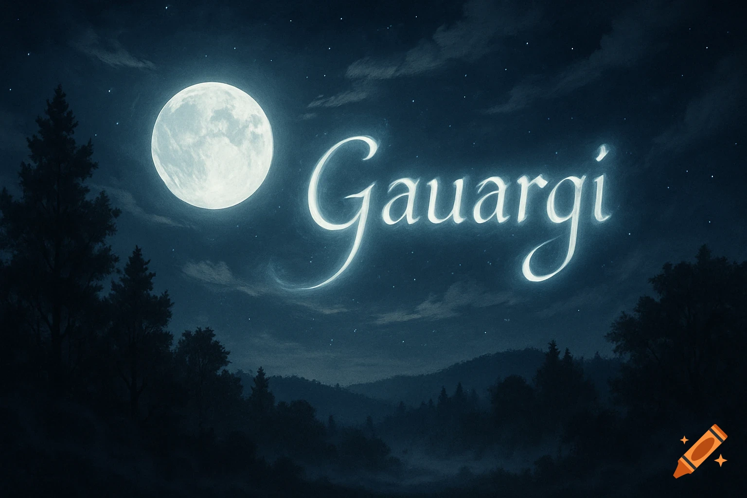 A serene night landscape under a full moon, with silhouetted trees and glowing text 'Gauargi' across the starry sky.