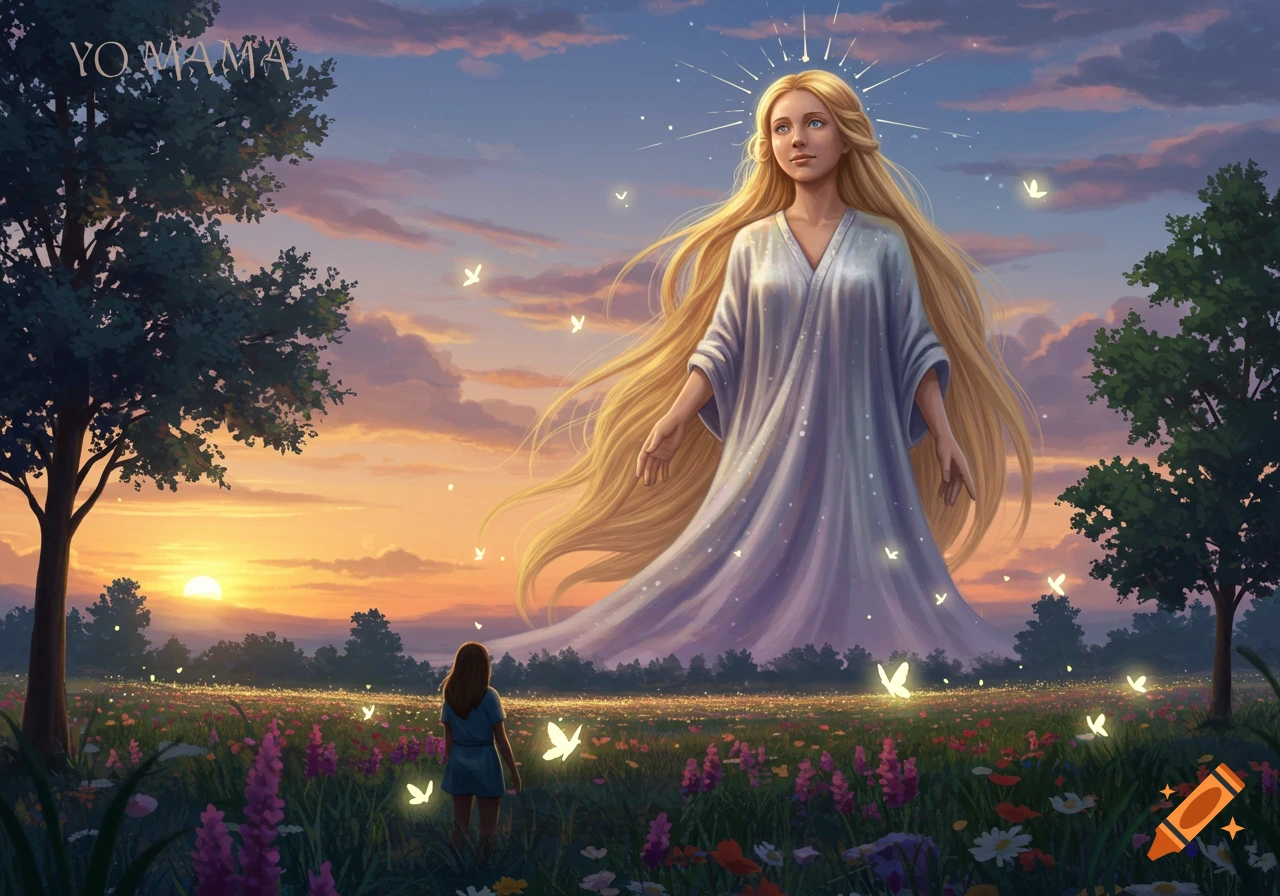 A large ethereal blonde woman floats above a wildflower field at sunset, watched by a small figure. Fantasy art.