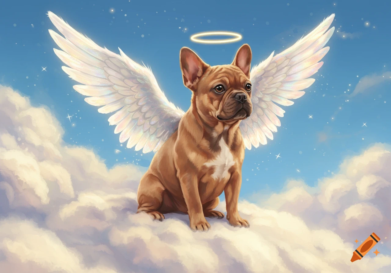A cute brown French Bulldog with white angel wings and a glowing halo sits peacefully on soft white clouds against a blue sky.