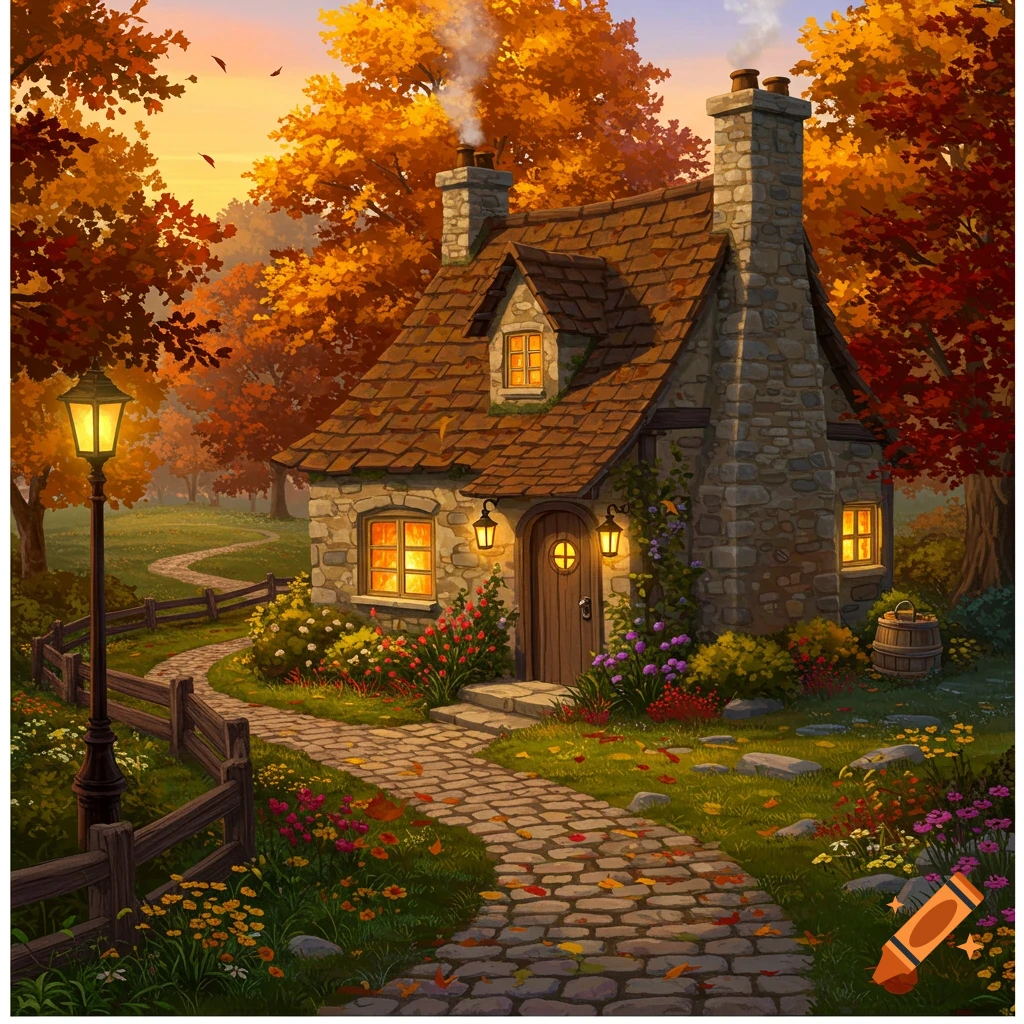 A charming stone cottage amidst vibrant autumn trees and flowers with a winding path and glowing windows, in an illustrated style.