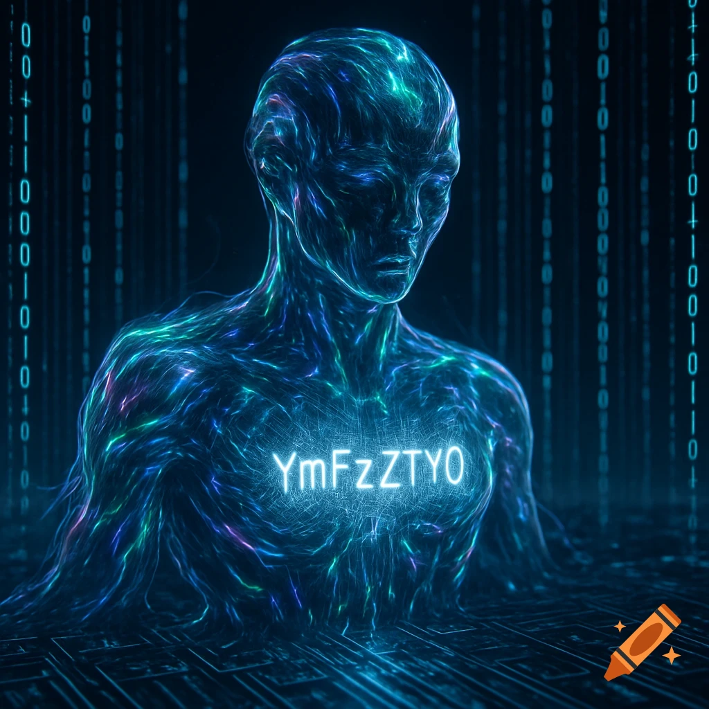 Glowing, ethereal AI entity with 'YmFzZTY0' on its chest, surrounded by digital binary code and circuit board patterns.