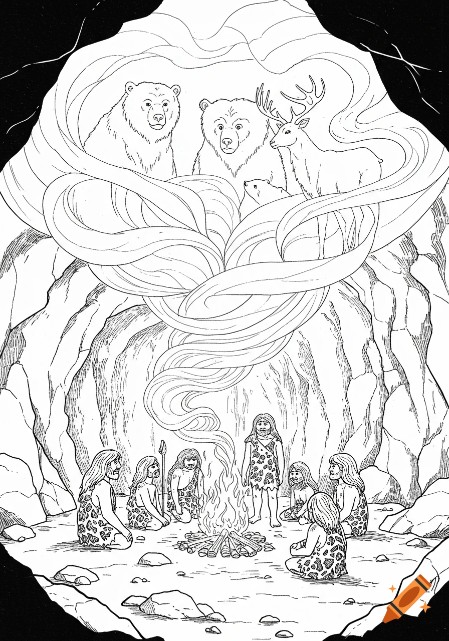Black-and-white coloring book style line drawing of early humans gathered around a fire in a cave, with smoke forming animal spirit shapes.