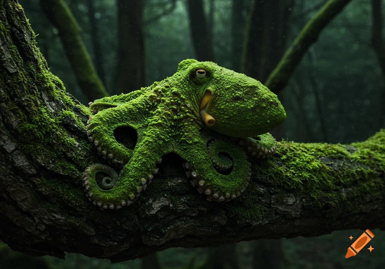 A realistic, moss-covered octopus camouflaged on a mossy tree branch in a dark forest.