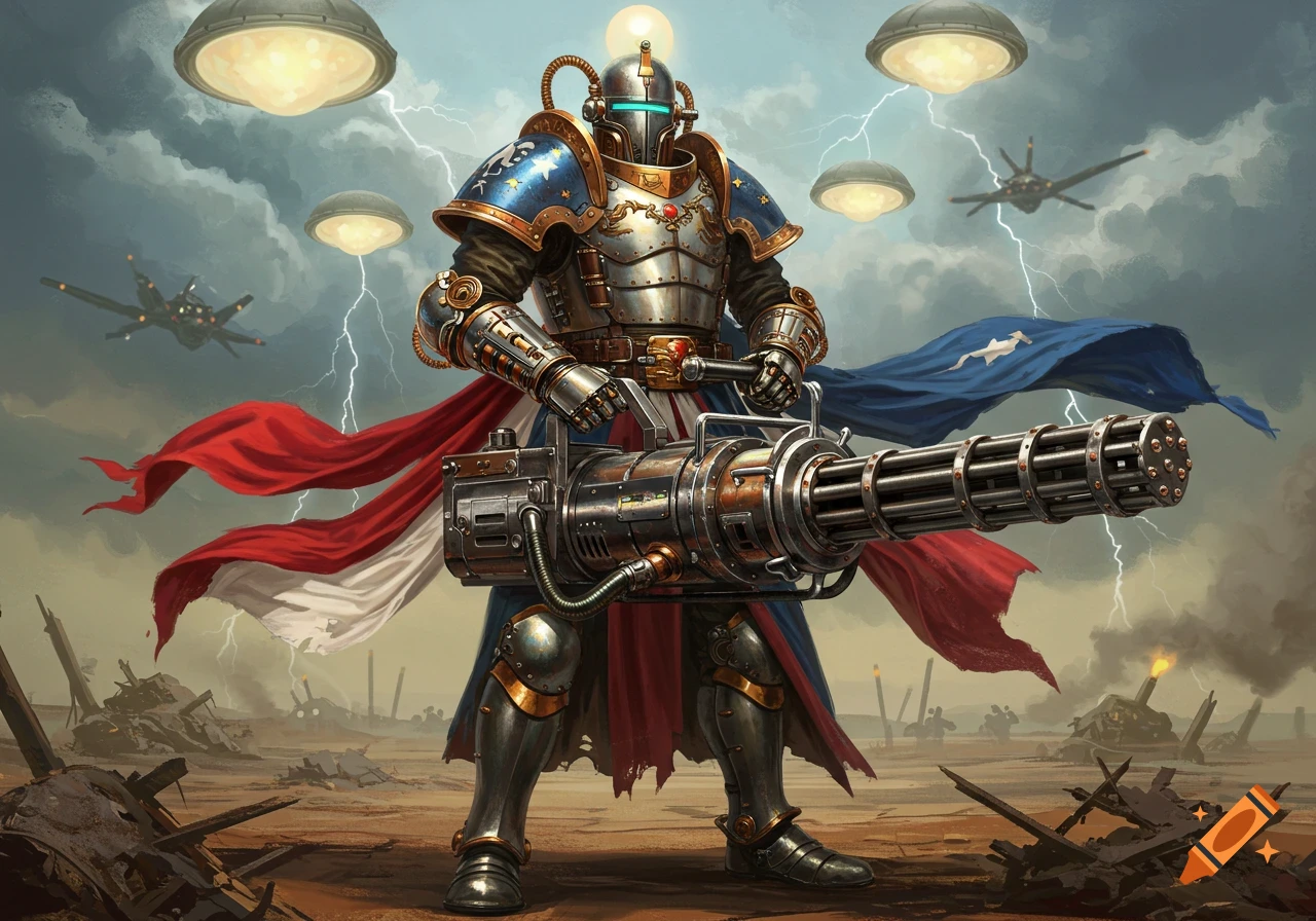 Atompunk knight in red, white, and blue armor with a minigun in a stormy wasteland, sci-fi aircraft overhead.