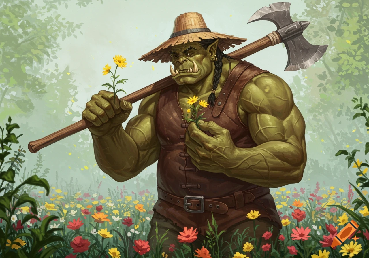 A muscular green orc in a straw hat and vest stands in a flower field, holding wildflowers and an axe. Digital art.