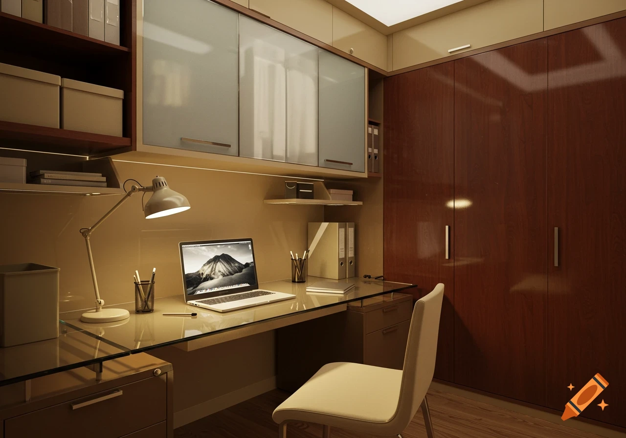 A modern home office with a glass desk, white lamp, laptop, and a light-colored chair against dark wood wardrobes and shelves.