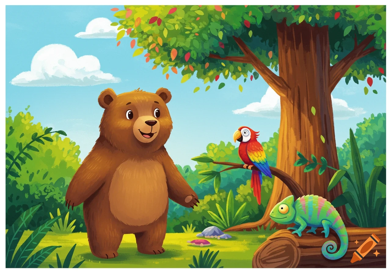 A cute brown bear stands in a colorful forest with a parrot on a branch and a chameleon on a log, in a children's book style.