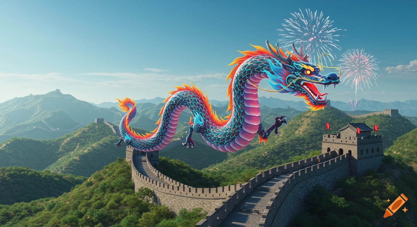 A vibrant 3D Chinese dragon with neon colors flies majestically over the Great Wall of China as fireworks light up the sky.