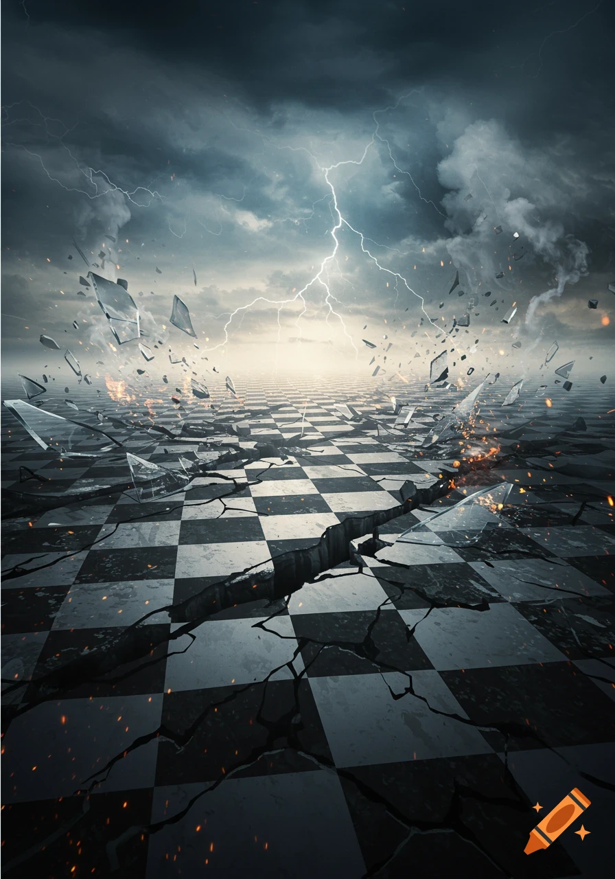 Dramatic scene of a cracked checkerboard floor under a stormy sky with lightning, shattered glass, and sparks.