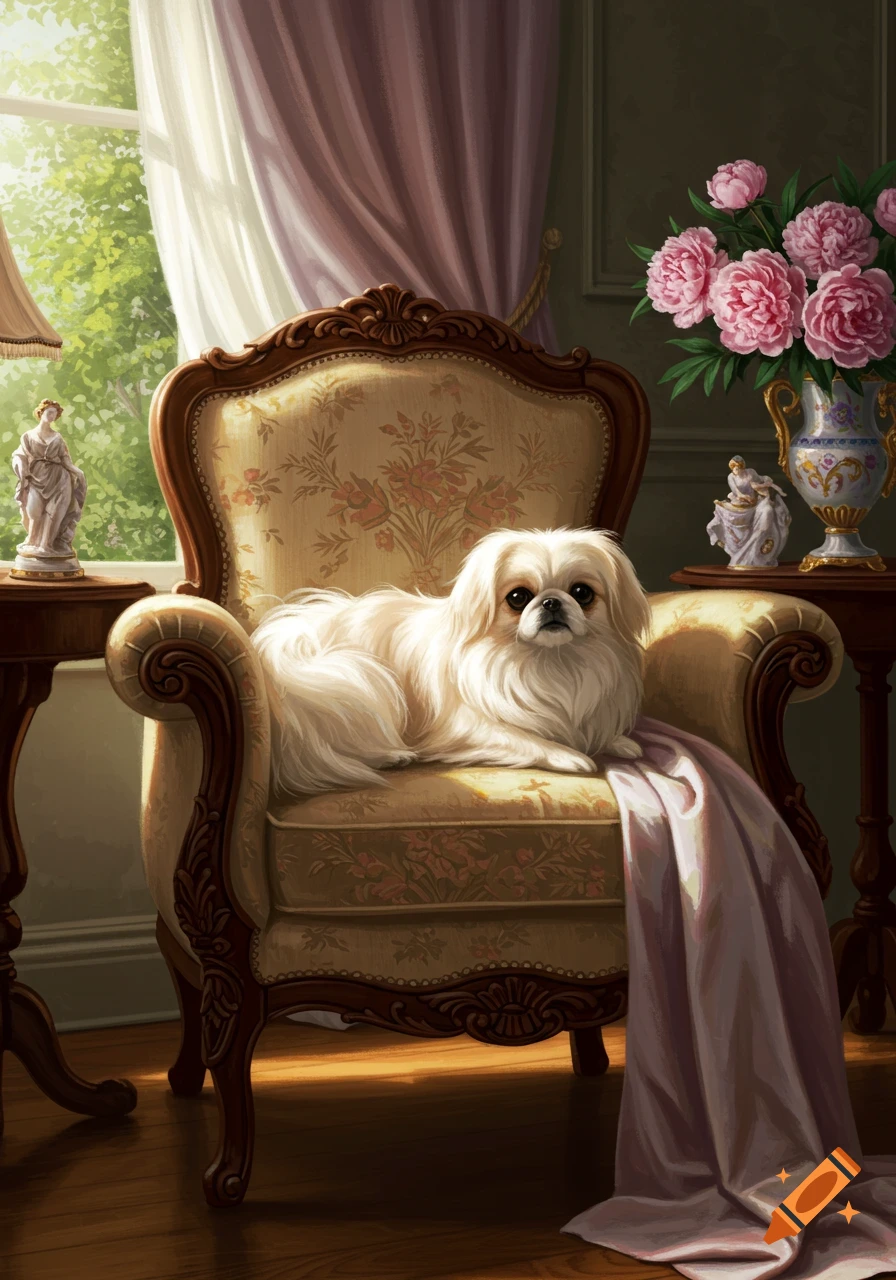A fluffy white Pekingese dog lies on a gilded, patterned armchair in an elegant room with a window and a vase of pink peonies.