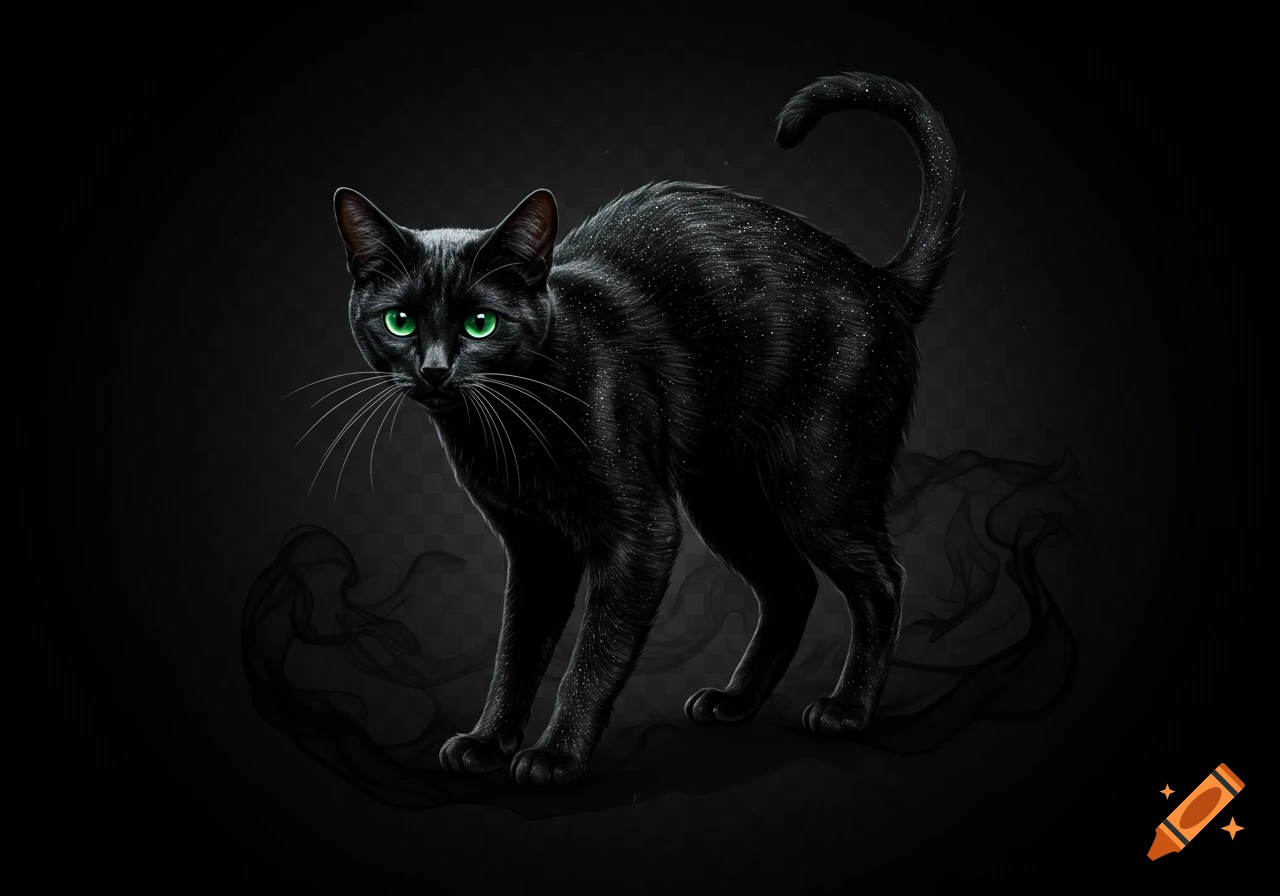 A sleek black cat with luminous green eyes, sparkling fur, and a curled tail stands on a dark, smoky background with faint checkered patterns.