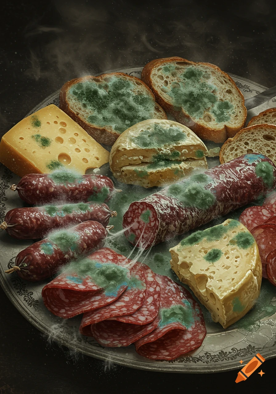 A close-up, photorealistic still life of a platter of extremely moldy and inedible appetizers, including bread, cheese, and salami, covered in green and white fuzzy mold.