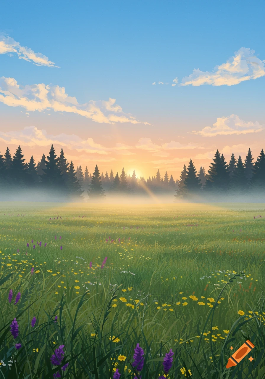 Illustrated field of wildflowers and grass, backed by a pine forest, with golden light and mist from a sunrise.