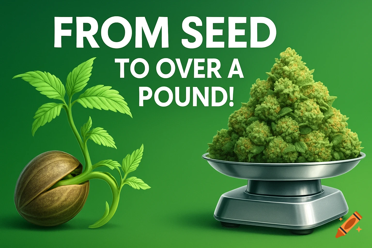 A graphic shows a cannabis seed sprouting next to a scale with a pile of cannabis buds, with text 'FROM SEED TO OVER A POUND!'