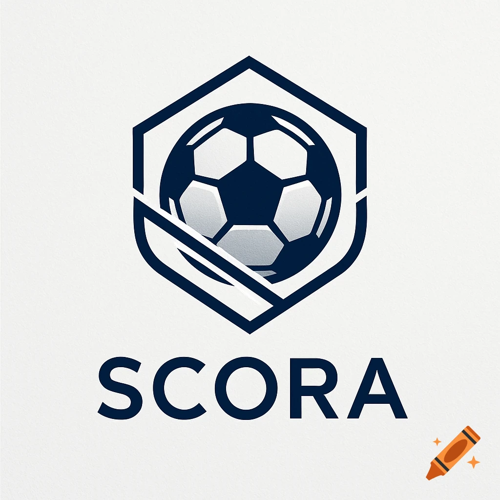 A minimalist logo with a football inside a dark blue hexagonal shield, with 'SCORA' text below.