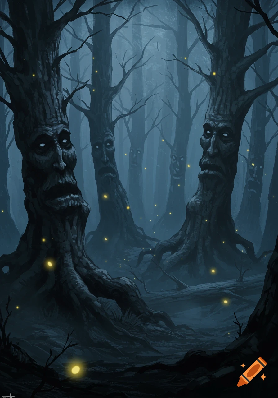 Dark, misty forest with ancient, gnarled trees featuring pale, haunting faces and glowing fireflies.