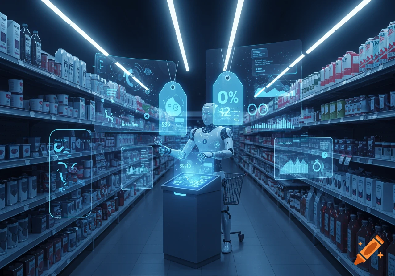 A robot with a shopping cart in a futuristic grocery store, interacting with holographic data displays showing percentages and charts.