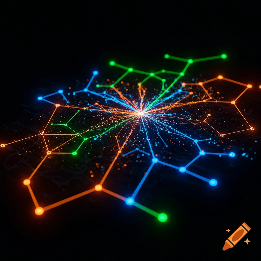 A colorful glowing network graph with nodes and lines in orange, blue, and green on a dark background.