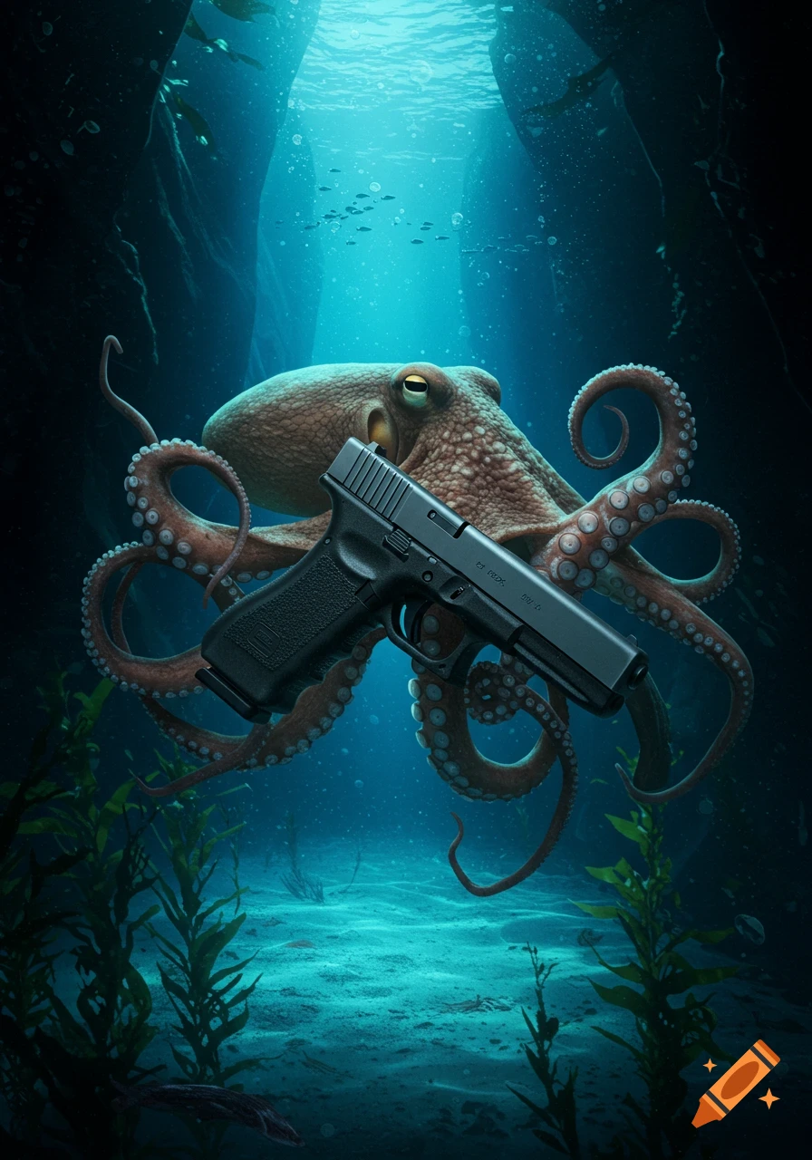 A photorealistic octopus holds a black pistol underwater in a sunlit cave with kelp and small fish.