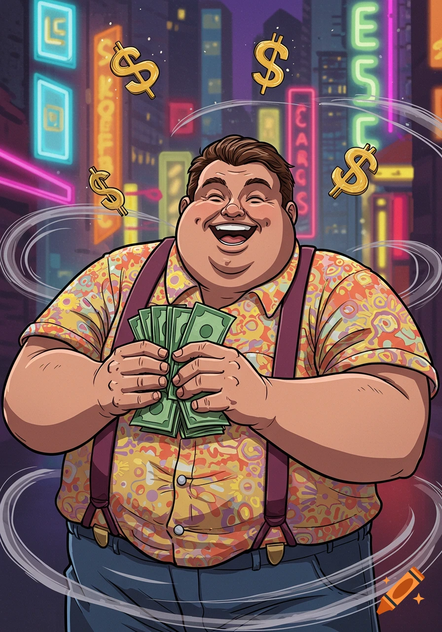 A cheerful, overweight man in a comic style counts stacks of money in a vibrant city at night.