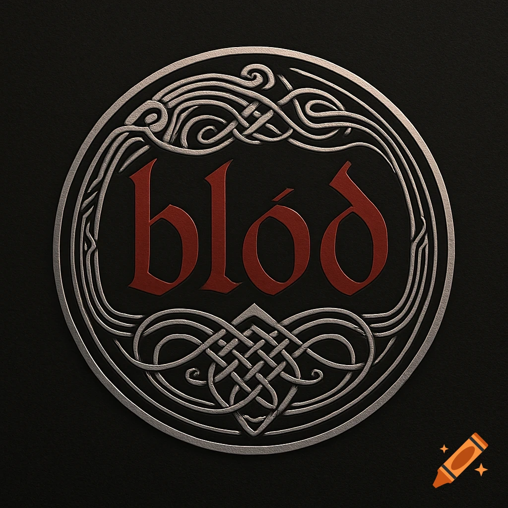 A silver Celtic knotwork circle logo on a black background, with the red text 'blóð' in the center.