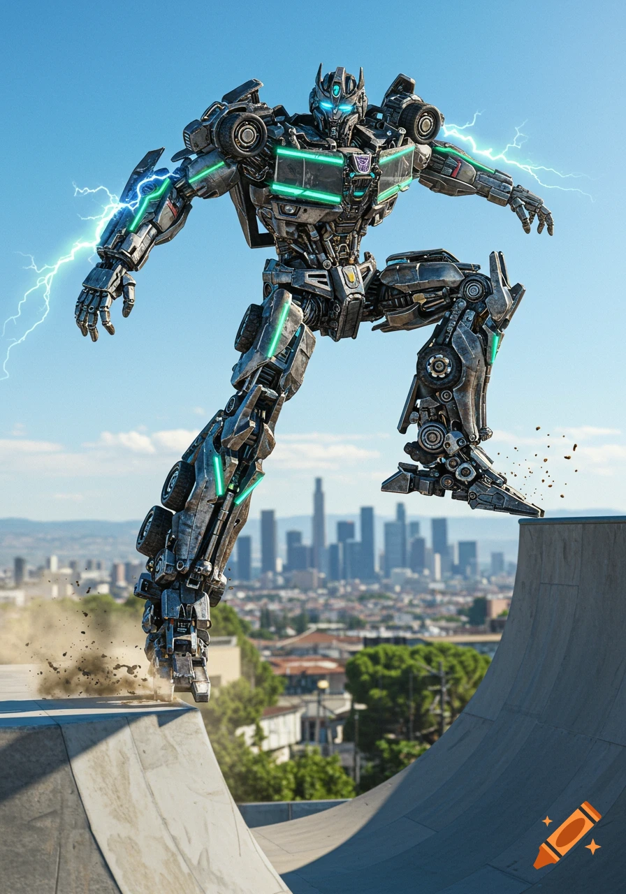 A photorealistic Transformer robot with green glowing parts and lightning jumps over a vert ramp with a city skyline in the background.