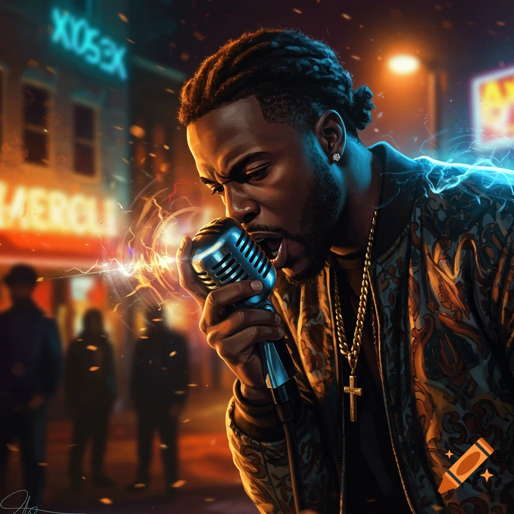 A stylized digital illustration of a Black man passionately rapping into a vintage microphone on a dark, neon-lit city street at night.