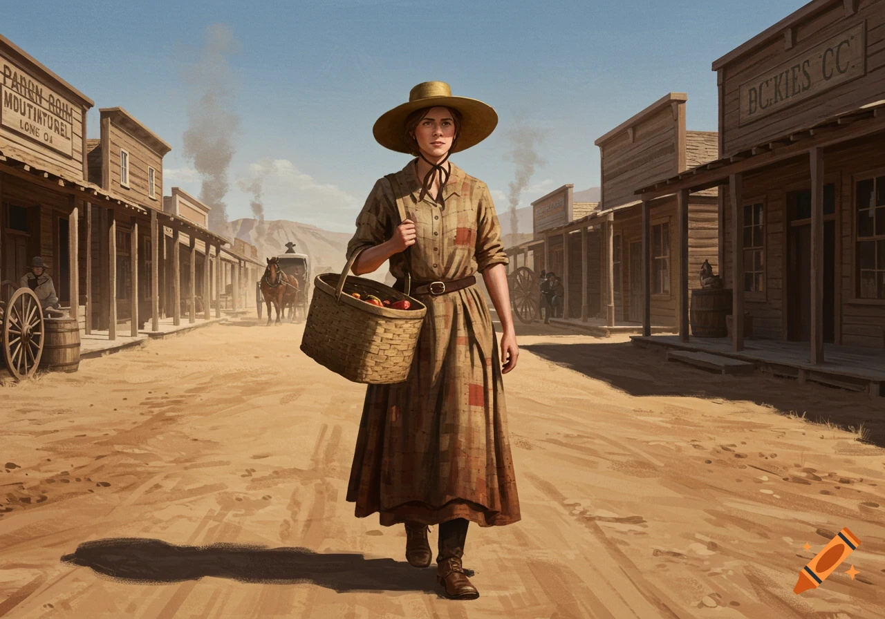 A pioneer woman walks down a dusty street in a Western town, carrying a basket filled with produce.