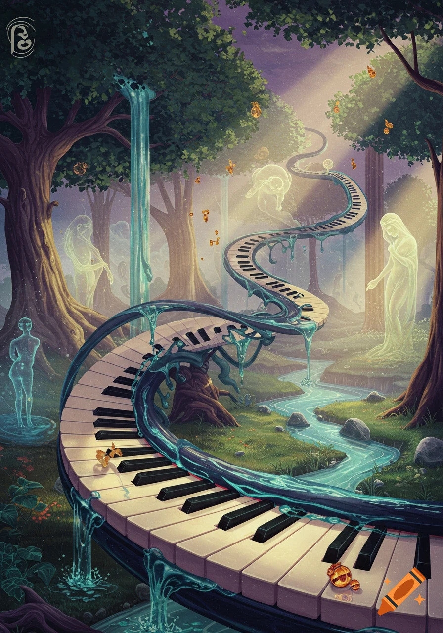 A surreal fantasy forest with a winding piano keyboard pathway melting into a flowing river, surrounded by glowing ghost figures and trees.