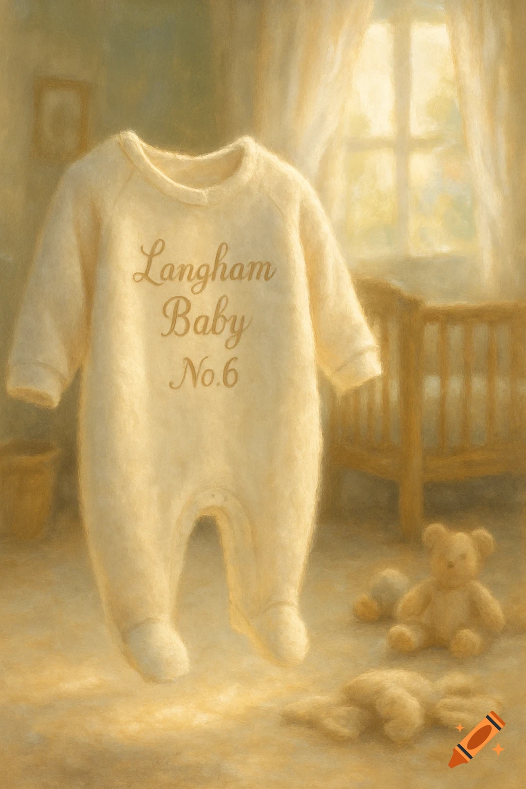 Painterly image of a cream babygrow with 'Langham Baby No.6' in a sunlit nursery with a crib and teddy bears.