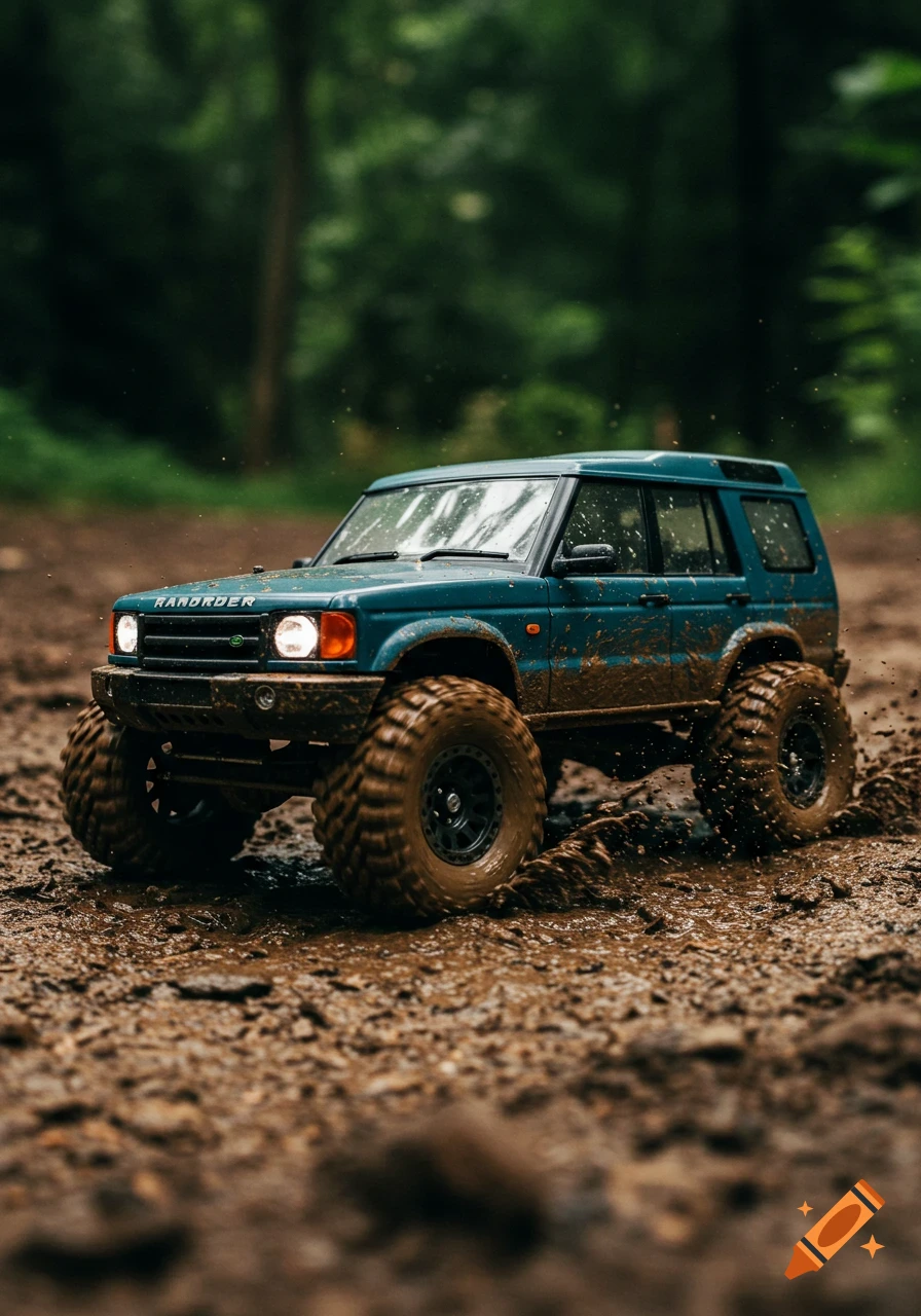 Teal model off-road SUV, resembling a Land Rover Defender, covered in mud on a forest path, photorealistic style.