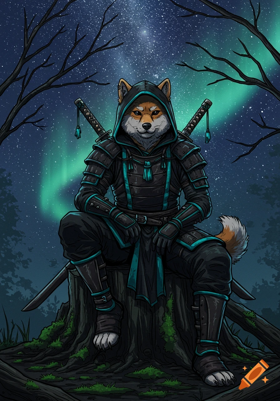 An anthropomorphic Shiba Inu warrior in black and turquoise armor with katanas, sitting on a tree stump under the Northern Lights and starry sky.