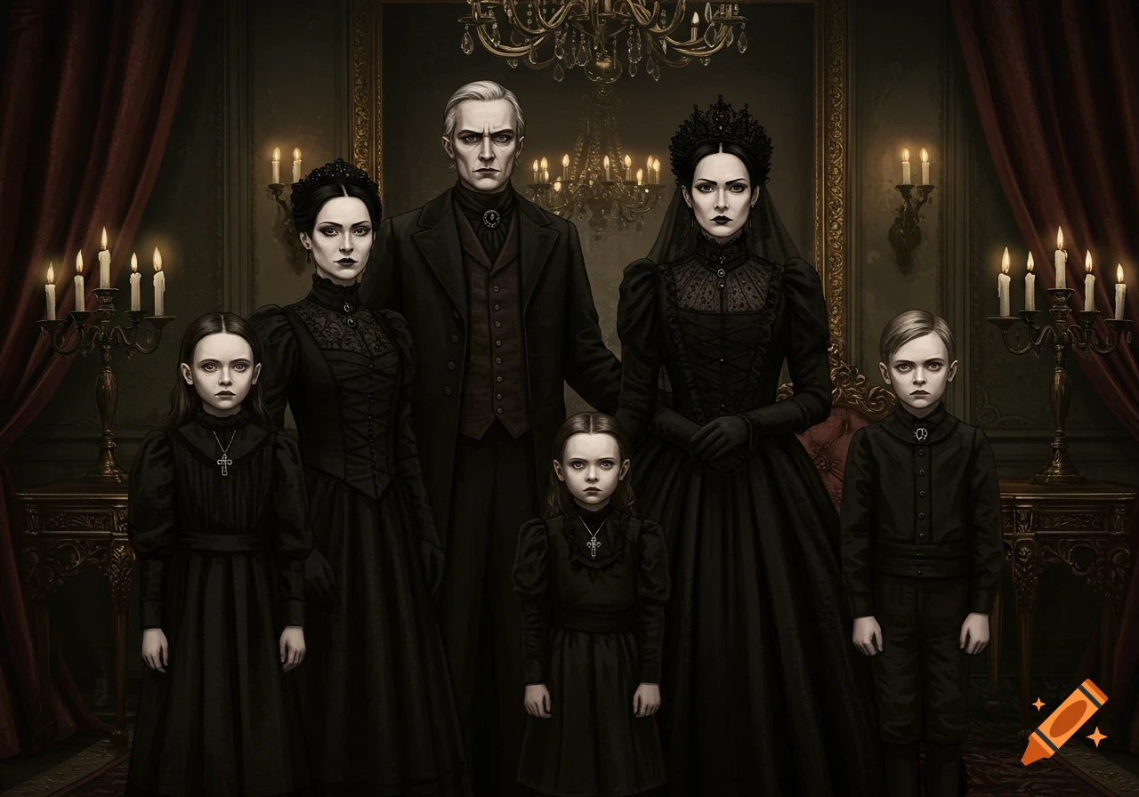 A solemn gothic family, dressed in black, poses in an ornate, dimly lit room.