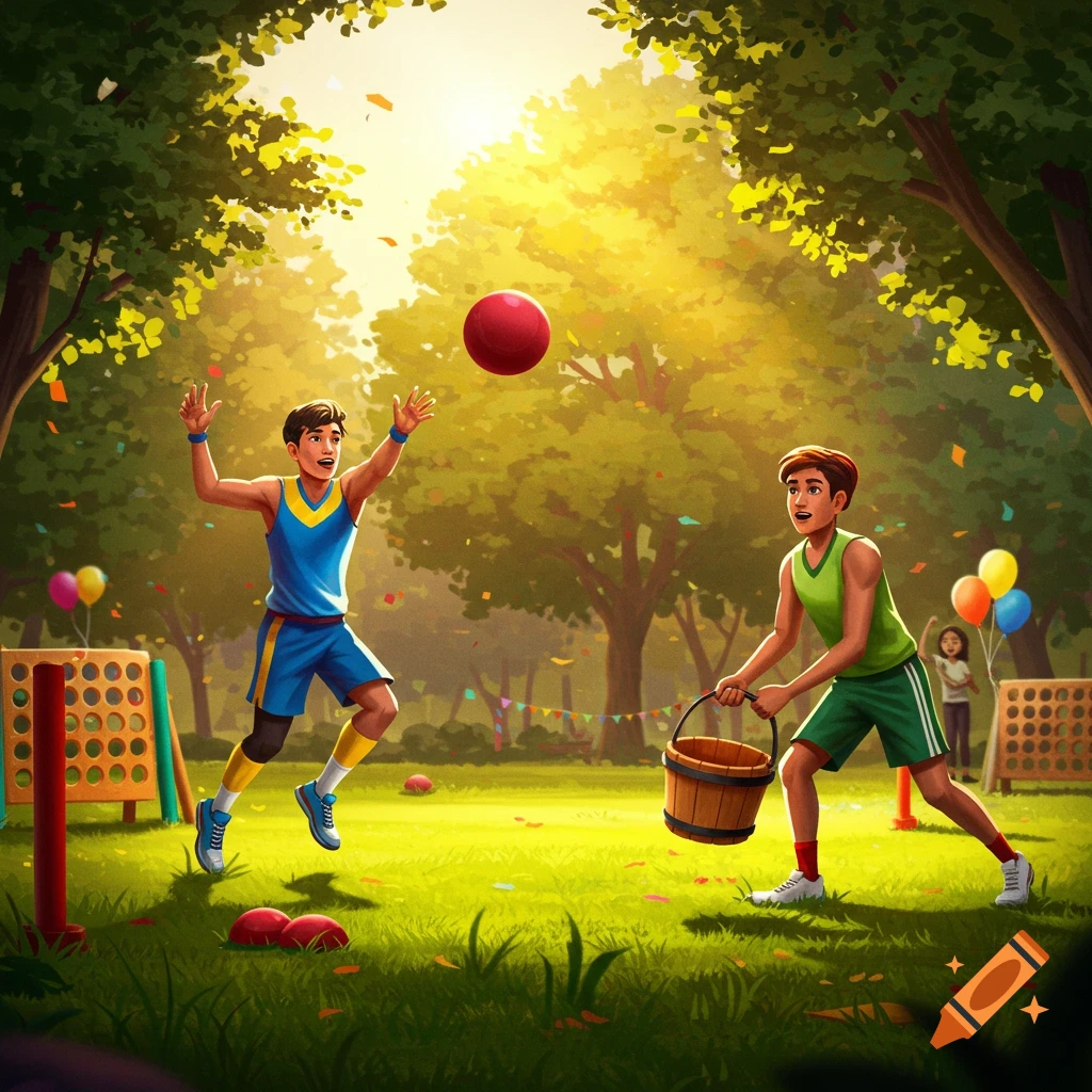 Two young men playing a game in a sunny park. One throws a red ball, the other holds a bucket in a vibrant illustration style.