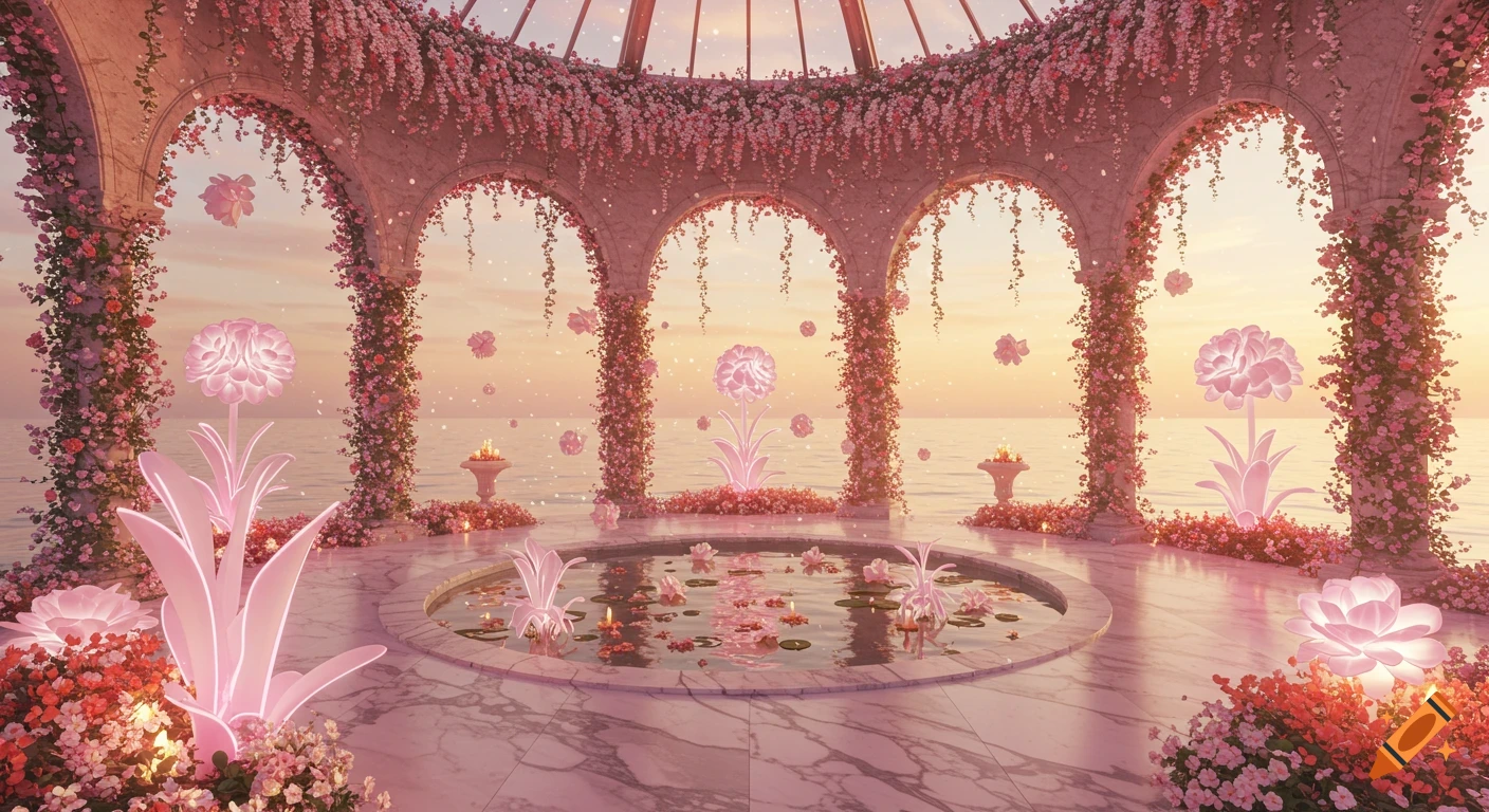 Ethereal garden palace with arching colonnades, glowing pink flowers, a reflecting pool, and a rose-gold sea at dawn.