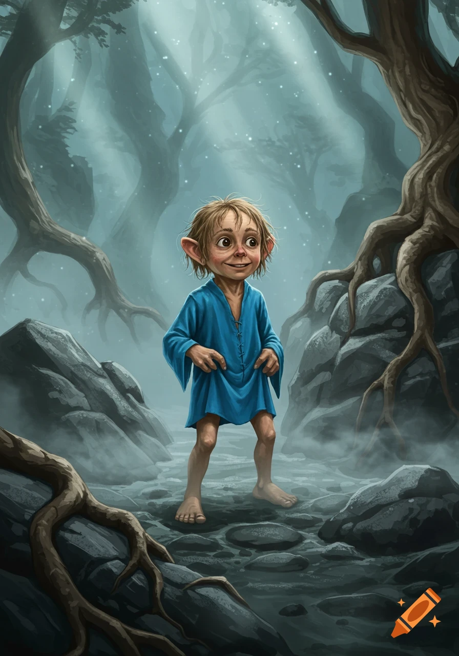 A gaunt, Smeagol-like character in a blue tunic stands barefoot in a mystical, foggy forest with gnarled trees and rocks.