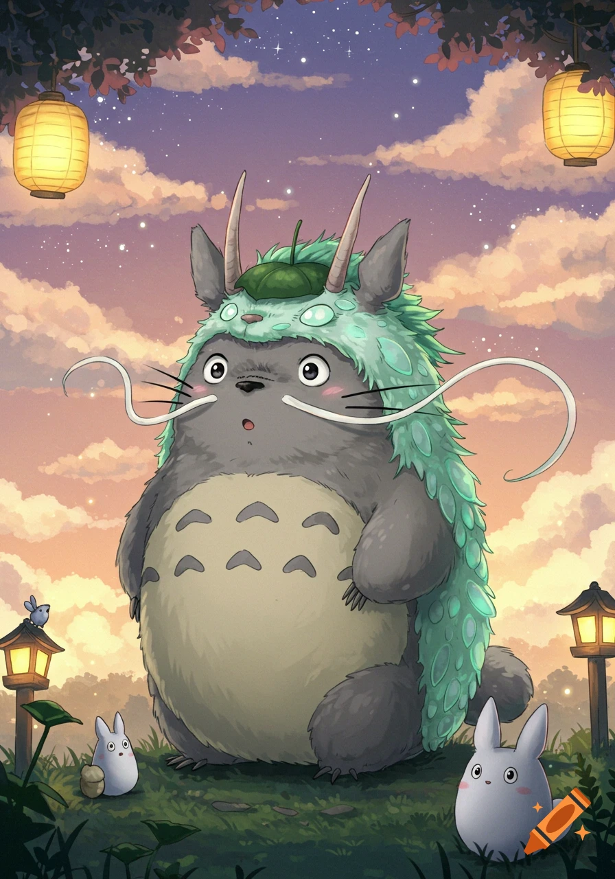 Ghibli style illustration of Totoro dressed as Haku the dragon, with smaller Totoros and lanterns at dusk.