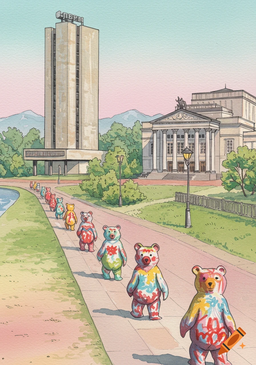 Colorful bear sculptures walk a path past a brutalist building and a neoclassical theater, painted in a watercolor style.