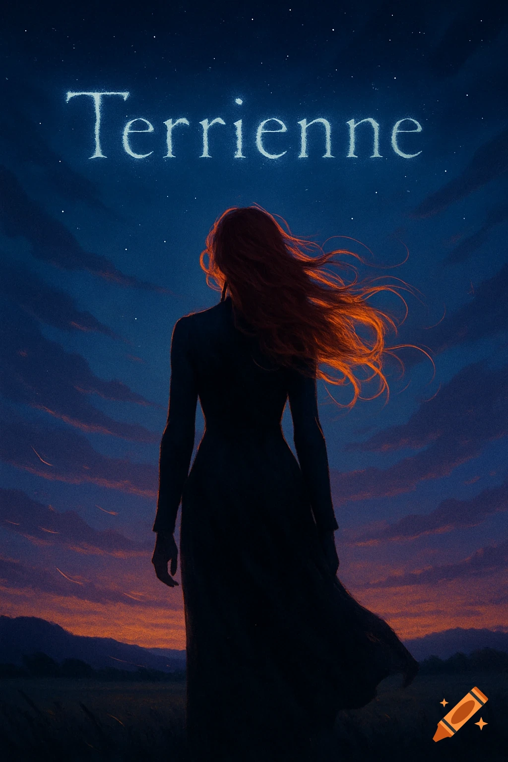 A woman's silhouette with fiery red hair stands in a field at twilight under a starry sky, with the word "Terrienne" above.
