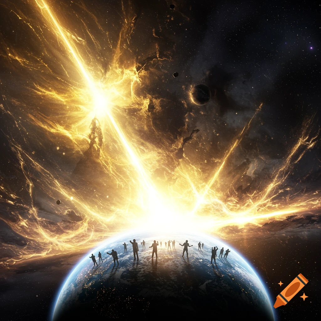 Silhouetted people stand on Earth looking up at golden cosmic energy beams and dark nebulae exploding in the starry sky.