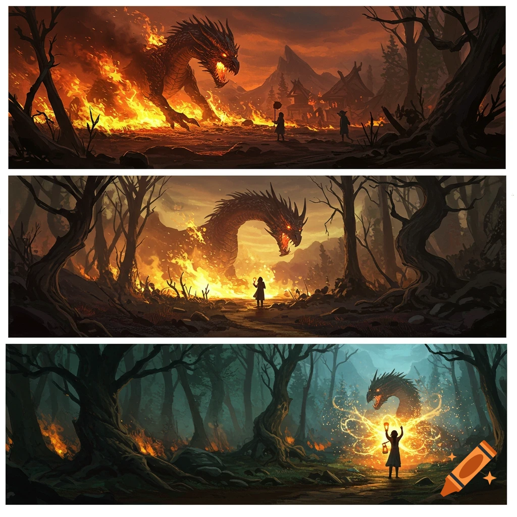 Three fantasy panels: a fiery dragon in a burning forest, a girl with a lantern facing the dragon, and the dragon dissolving into golden light.